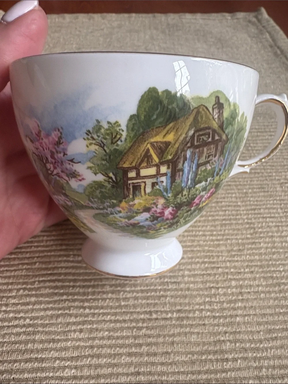 Vintage Royal Vale Floral Cottage Tea Cup & Saucer with Gold Trim